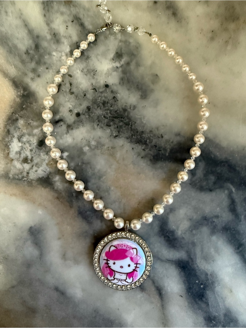 Tarina Tarantino Bridal Bride Pink & White Pearl Hello Kitty Medallion Necklace